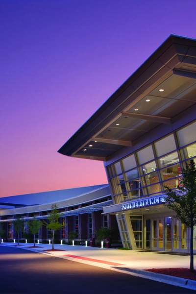 Exterior of Tinley Park Convention Center at night